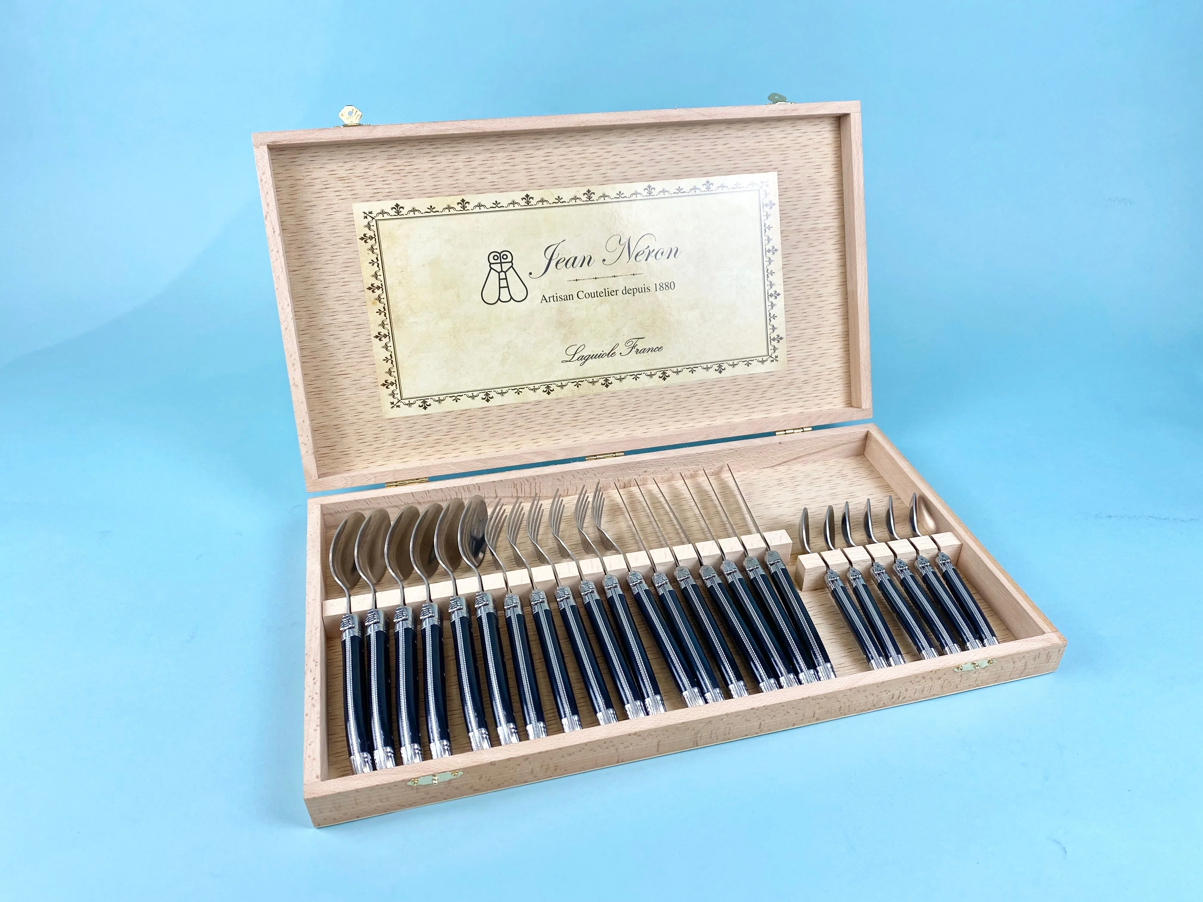 Laguiole 24 Piece Flatware Set, Platine Black in Wood Presentation Box - Image 3