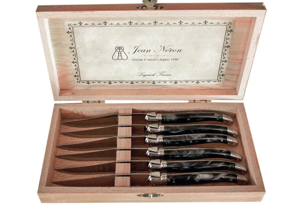 Laguiole 6 Piece Steak Knife Set, Black Marble in Wood Presentation Box - Image 3