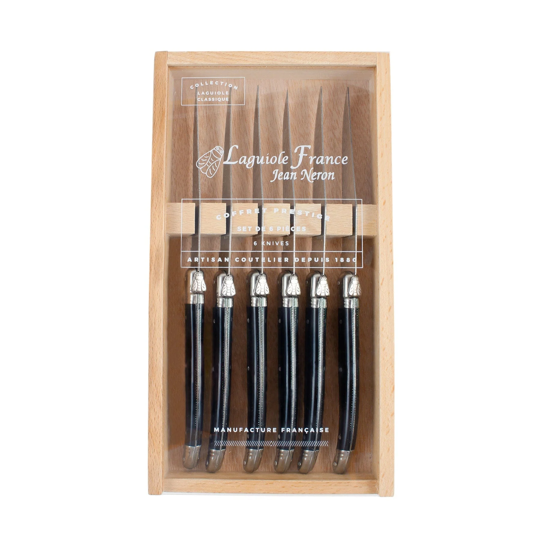 Laguiole 6 Piece Steak Knife Set, Platine Black in Wood Box with Acrylic Lid - Image 3