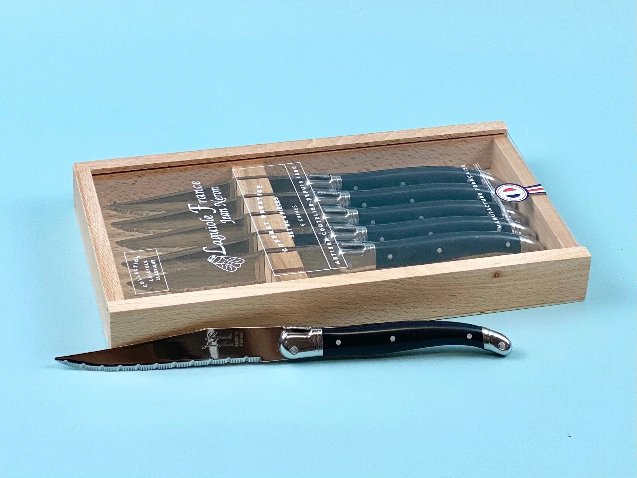 Laguiole 6 Piece Steak Knife Set, Platine Black in Wood Box with Acrylic Lid - Image 5