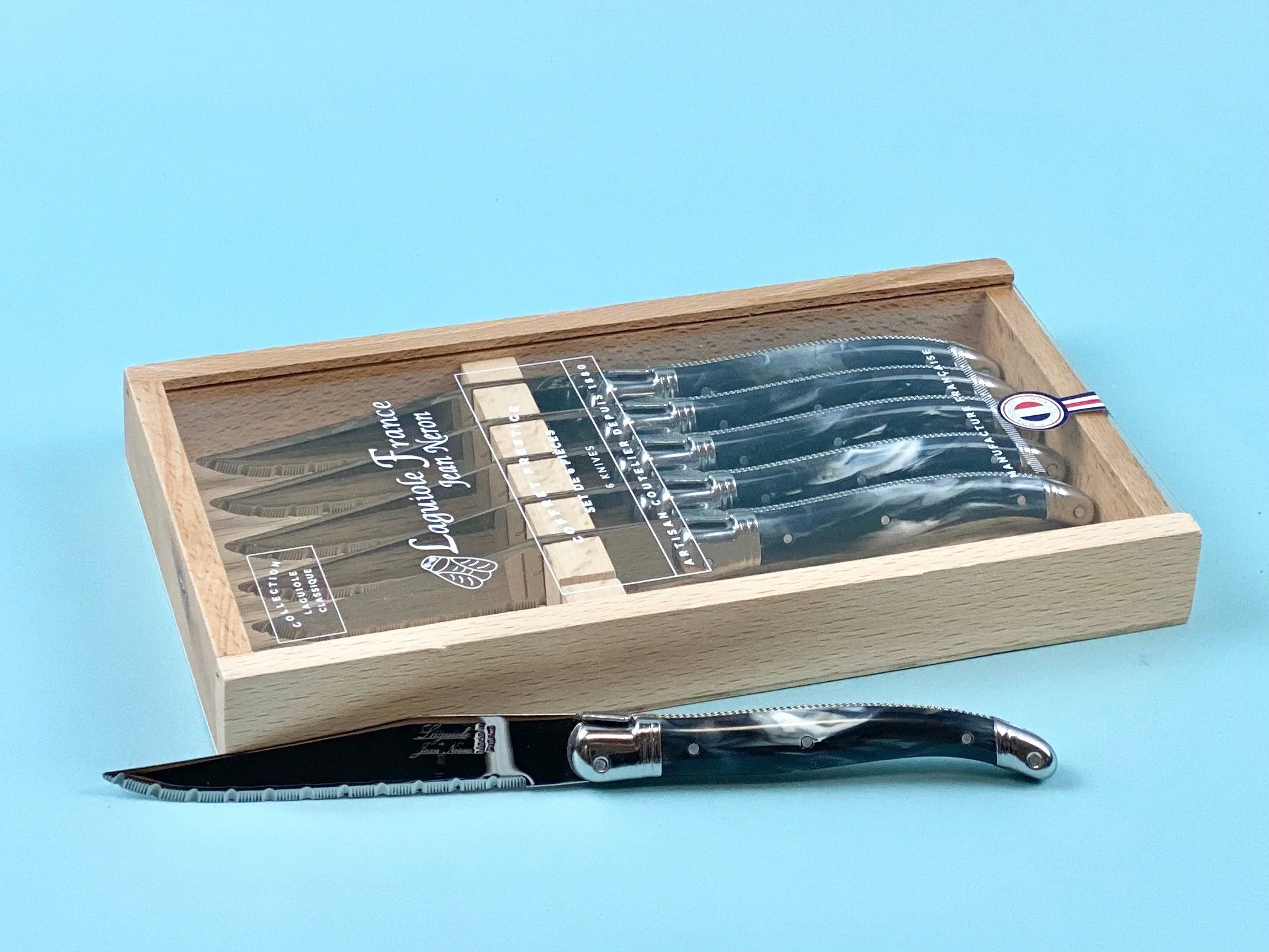 Laguiole 6 Piece Steak Knife Set, Platine Black Marble in Wood Box with Acrylic Lid - Image 3