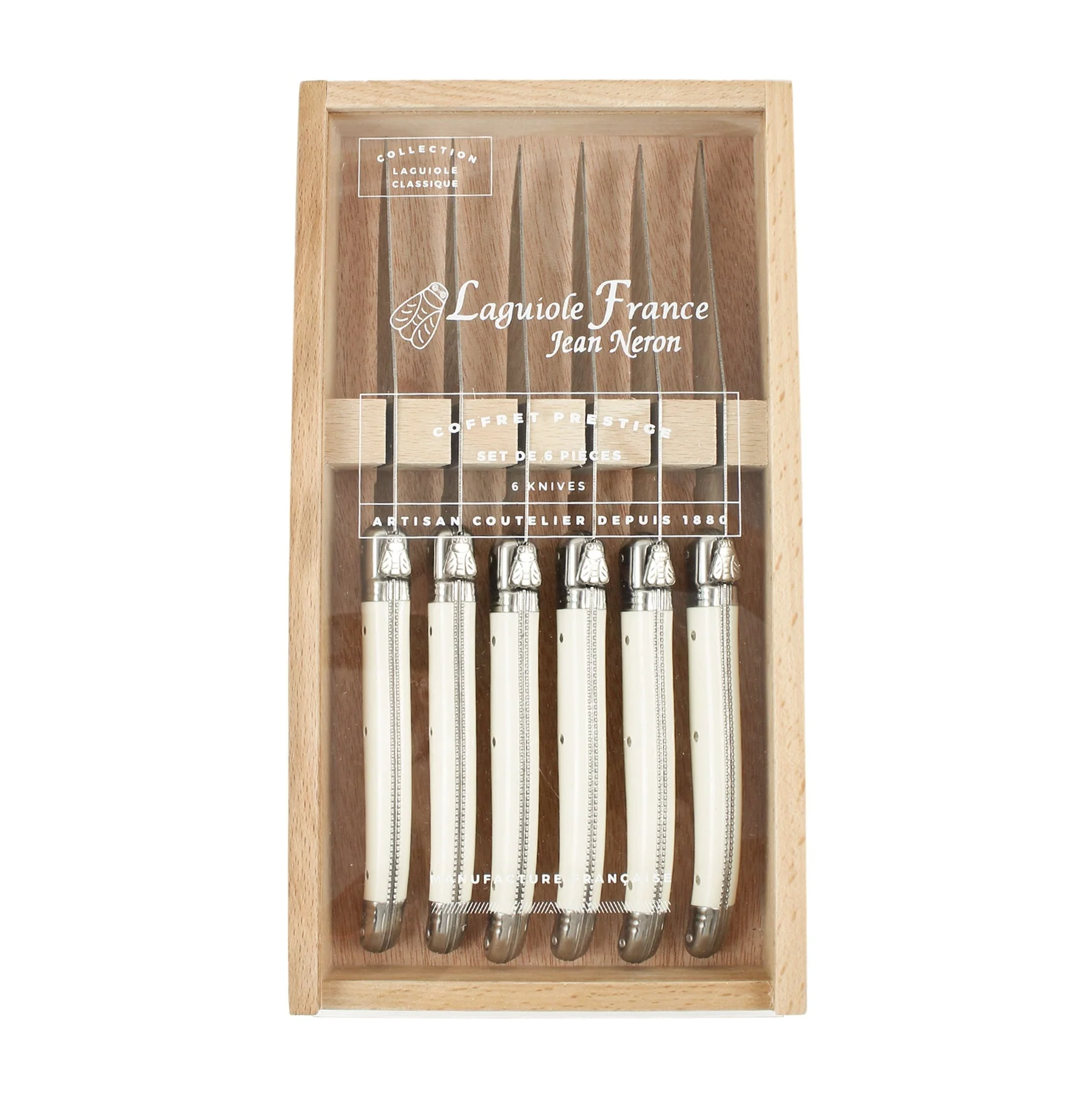 Laguiole 6 Piece Steak Knife Set, Platine Ivory in Wood Box with Acrylic Lid - Image 4