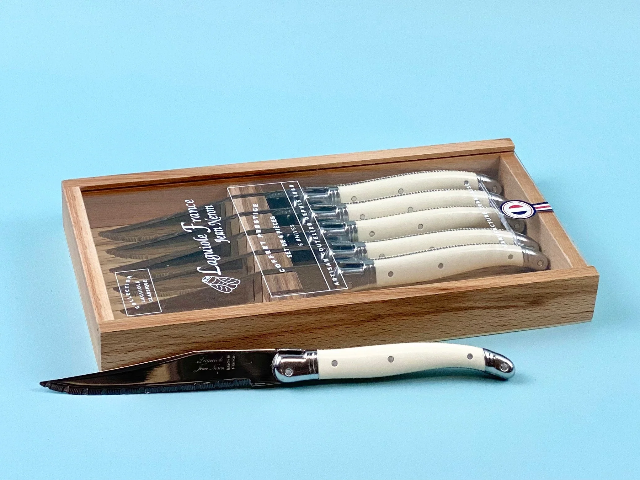 Laguiole 6 Piece Steak Knife Set, Platine Ivory in Wood Box with Acrylic Lid - Image 5