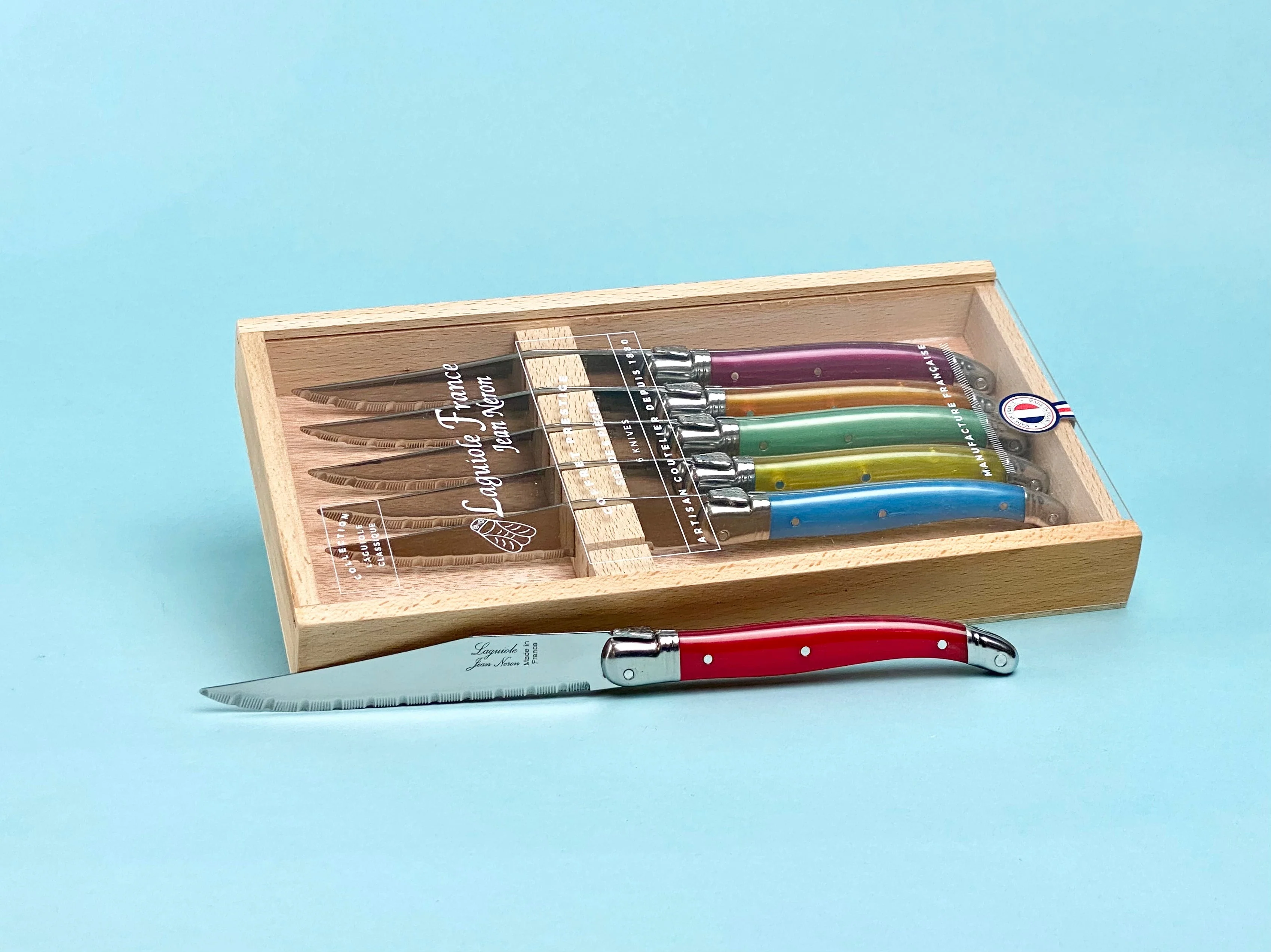 Laguiole 6 Piece Steak Knife Set, Rainbow in Wood Box with Acrylic Lid - Image 4